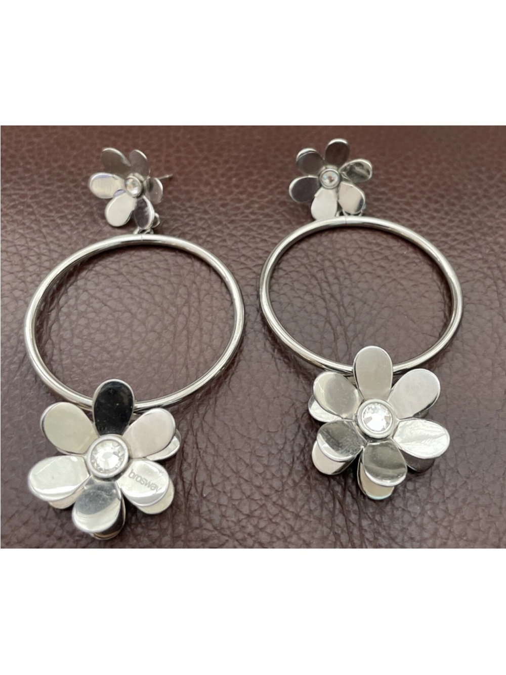 Brosway Italy Silver Floral stainless steel Hoop Earrings with Crystal Accent